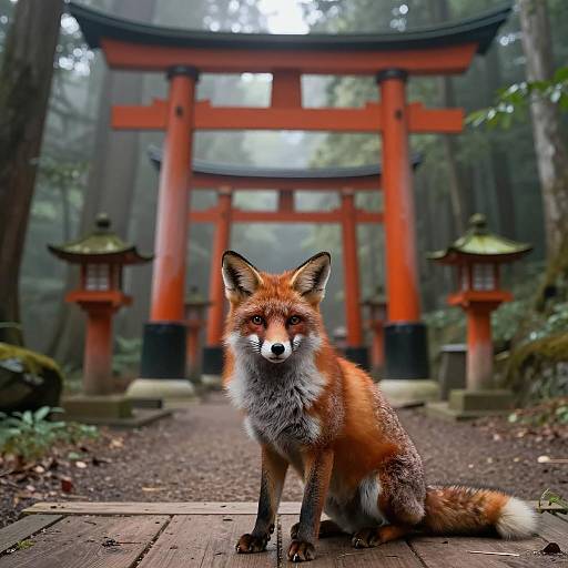 Misty Forest Fox by Torii Gate