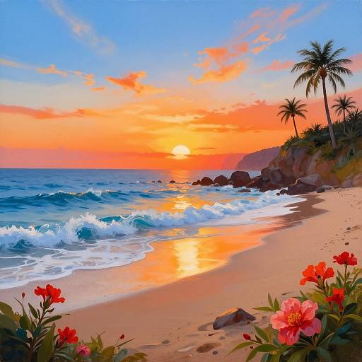 Vibrant Beach Sunset Painting