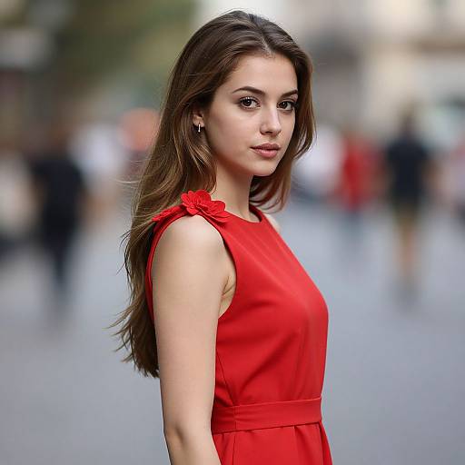 Realistic Woman in Crimson Dress