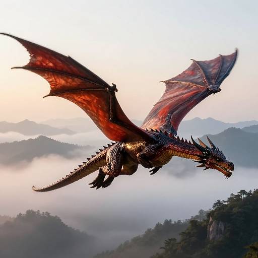 Photorealistic CGI of a red dragon with spiked scales and large wings soaring above misty, mountainous landscape at sunrise.