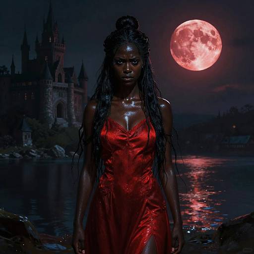 Photograph-style digital artwork: Dark-skinned woman with long braids in a red satin dress stands under a glowing full moon, in front of a