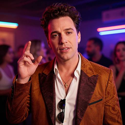Photograph of a handsome man with curly dark hair, wearing a brown patterned blazer, white shirt, and gold necklace, gesturing with his