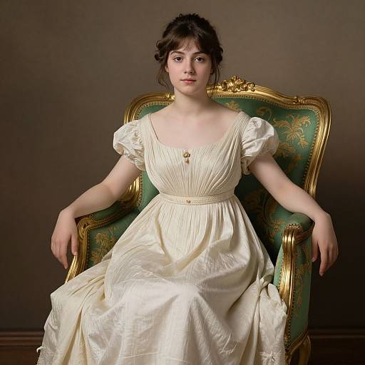 Photograph of a fair-skinned woman with dark hair in an elegant, cream-colored satin dress, sitting in an ornate, green and gold arm