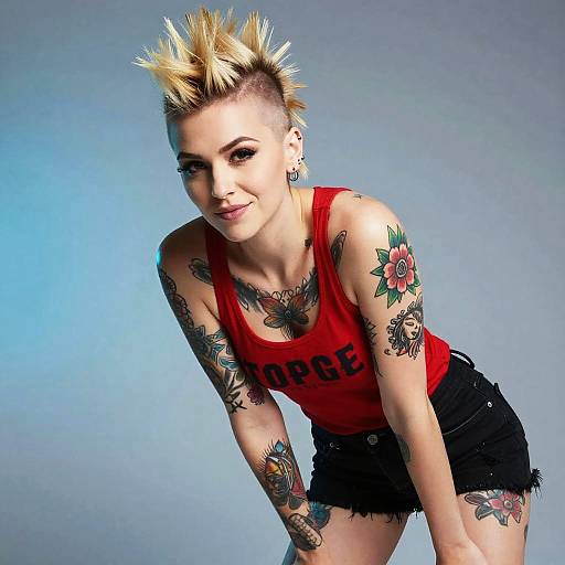 Photograph of a tattooed, punk-styled woman with short, spiky blonde hair, wearing a red 