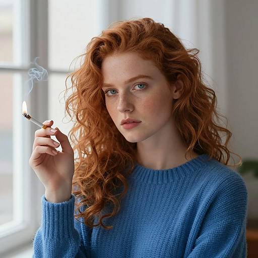 Serious Woman in Cozy Knit Sweater