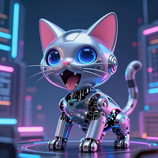 Neon-lit, CGI robotic cat with large blue eyes, metallic silver body, and glowing pink accents, standing on a futuristic circular platform.