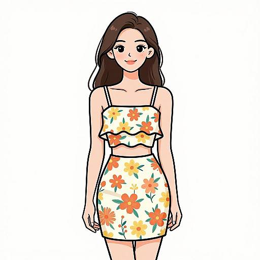 Digital illustration of a smiling young woman with long brown hair, wearing a white floral crop top and matching skirt, standing against a plain white background.