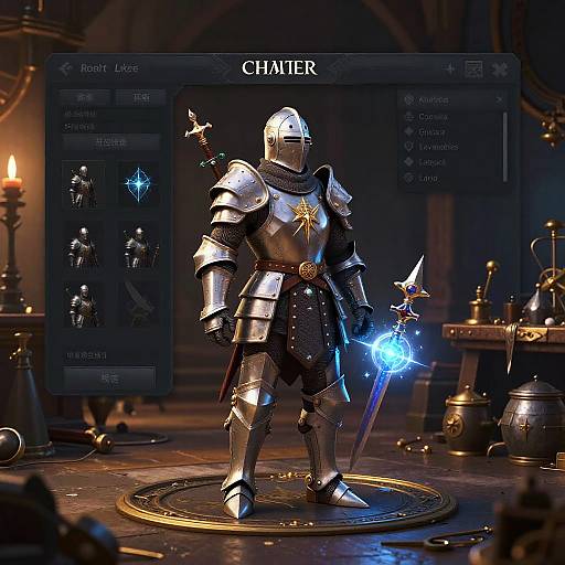 CGI image of a shiny, armored knight with a glowing blue sword, standing in a dimly lit medieval tavern. 