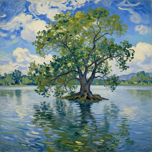 Impressionist-style painting of a solitary tree on a calm lake, with vibrant blue sky, white clouds, and lush green foliage.
