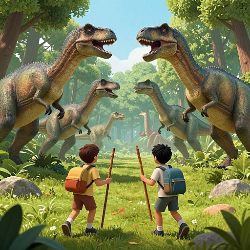 Digital illustration of two children with backpacks and walking sticks facing three roaring dinosaurs in a lush, sunlit forest.