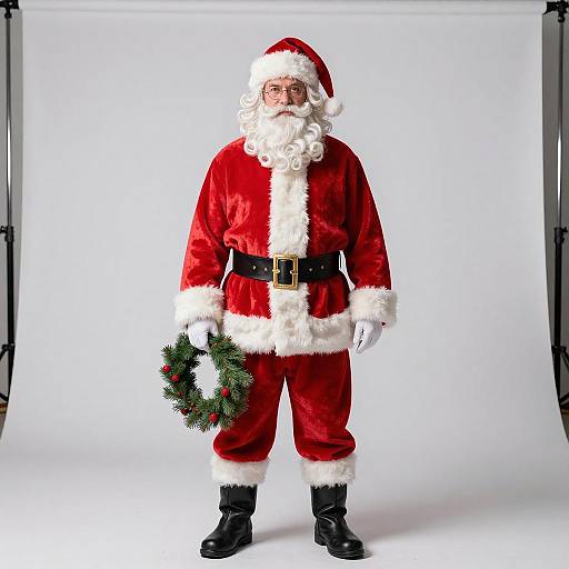 Photograph of a Santa Claus figure with a white beard, red suit with white fur trim, black belt, boots, and holding a green Christmas wre