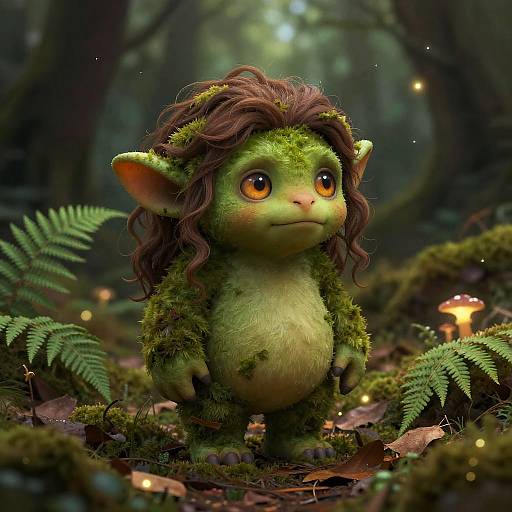 Digital art of a cute, moss-covered goblin with large orange eyes, curly brown hair, and green fur standing in a mystical, dimly-l
