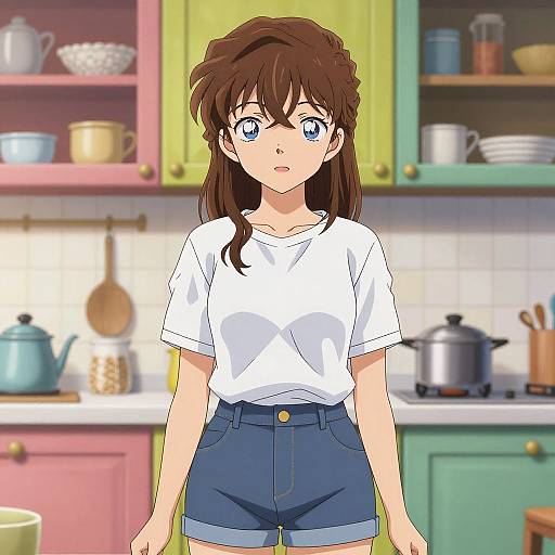 Anime-style drawing of a brown-haired girl with blue eyes, wearing a white t-shirt and blue shorts, standing in a colorful kitchen.