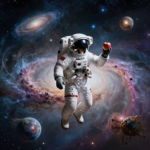 Digital artwork of an astronaut in a white spacesuit floating in space, holding a red apple, with a colorful galaxy and planets in the background.