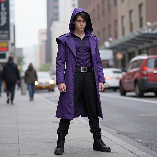 Photograph of a serious young man with pale skin and dark hair, wearing a purple hooded coat, black shirt, and pants, standing on a