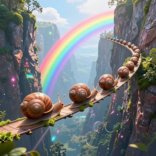 Digital art: Five brown snails with large spiraled shells cross a moss-covered suspension bridge in a lush, cliff-surrounded canyon with a vibrant rainbow