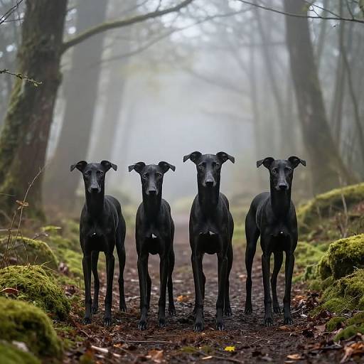 Photograph of four black Greyhounds standing in a foggy forest path, surrounded by moss-covered ground and tall trees.