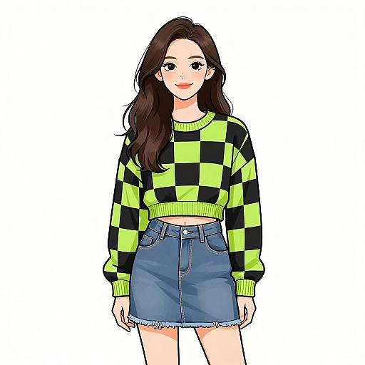 Retro Smiling Woman in Lime Sweater