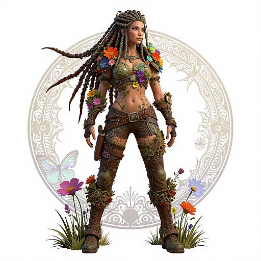 Digital art of a muscular, dark-skinned woman with long braided hair, adorned in floral armor, standing confidently with a circular, ornate background