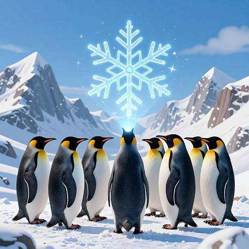 Photograph of seven Emperor penguins with black and yellow-orange plumage standing in snow, gazing at a glowing blue snowflake against a mountainous