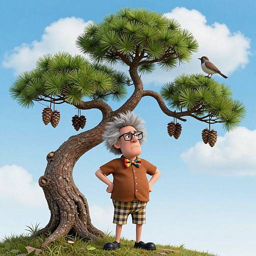 Cartoon elderly man with gray hair, glasses, brown shirt, plaid shorts, stands under pine tree, bird perched on branch, blue sky