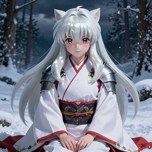 Digital anime-style drawing of a white-haired, cat-eared girl in a white kimono with red accents, sitting in a snowy forest at night.
