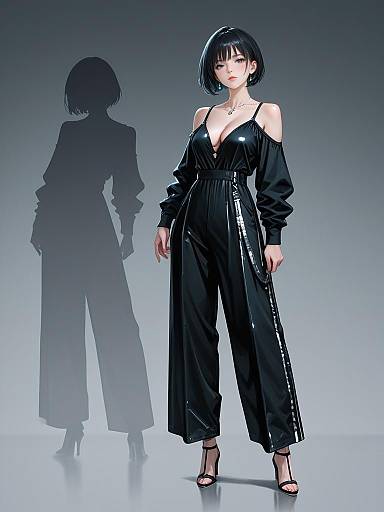 Digital anime-style drawing of a confident woman with short black hair, wearing a black off-shoulder jumpsuit and heels, with a shadowy silhouette