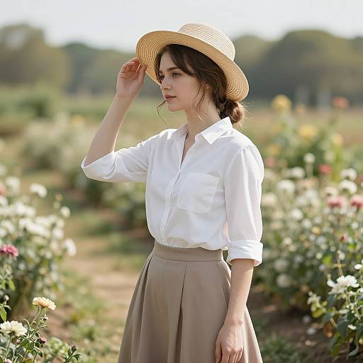 Young Woman in Sunlit Garden with Straw Hat