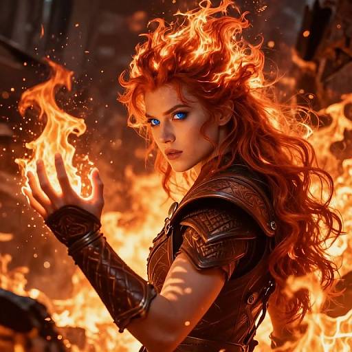 Digital artwork of a fiery-haired woman with blue eyes controlling flames with her hands, wearing medieval armor, set against a blazing background.