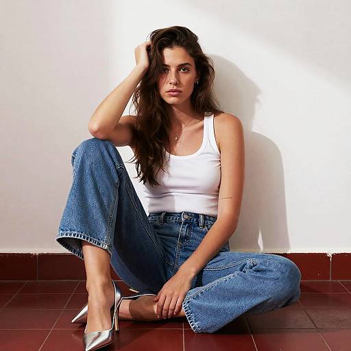 Photograph of a sultry brunette woman with long hair, wearing a white tank top, blue jeans, and white high heels, sitting on a red