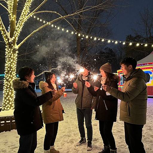 Photograph of five people in winter clothing holding sparklers under night sky, surrounded by string lights and snow, near festive tent.