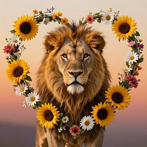 Photograph of a majestic male lion with a golden mane, centered in a sunflower and daisy wreath, against a sunset gradient background.