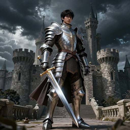 Digital artwork of a black-haired knight in shiny silver armor, holding a sword, standing before a stormy sky and castle.