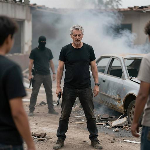 Intense Middle-aged Man in Ruined Smoke-filled Building