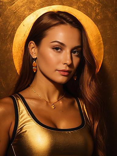 Woman in Gold Activewear with Golden Halo Background