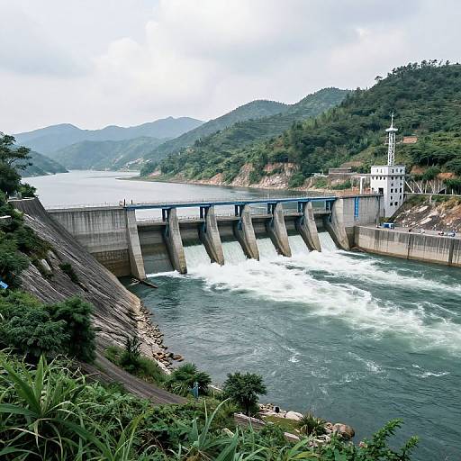 Photograph of a dam with multiple water gates releasing white foam into a turbulent river, surrounded by lush green hills and a cloudy sky.