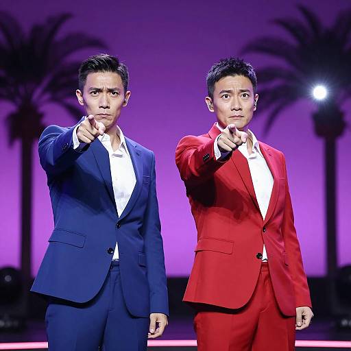Two men in red and blue suits pointing on stage