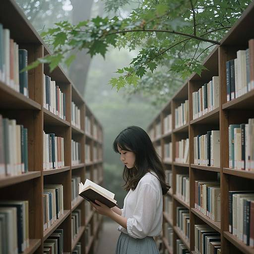 Photograph of a young woman with long black hair, wearing a white blouse and grey skirt, reading a book in a narrow, tree-surrounded library