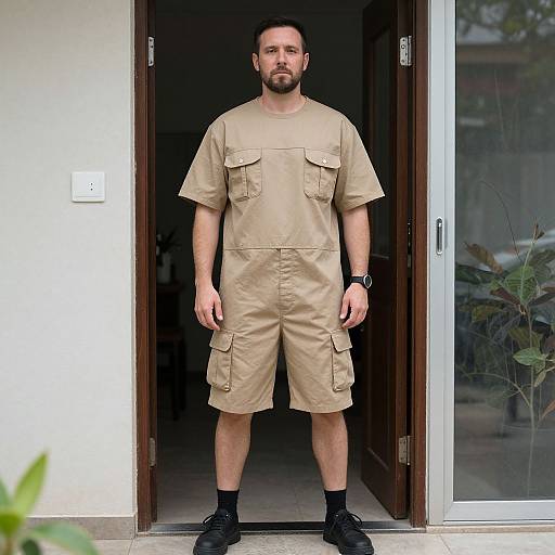 Photograph of a bearded man standing in a doorway, wearing a beige cargo shirt and shorts, black socks, and shoes.