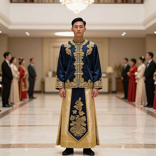 Photograph of an Asian man in an ornate navy blue and gold embroidered traditional robe standing in a brightly lit, elegant hall with blurred attendees in formal