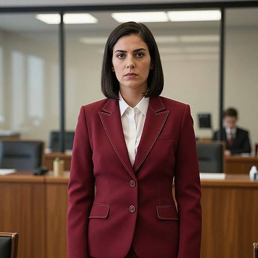 Photograph of a serious-looking woman with straight black hair, wearing a maroon blazer and white shirt, standing in a modern office with blurred background