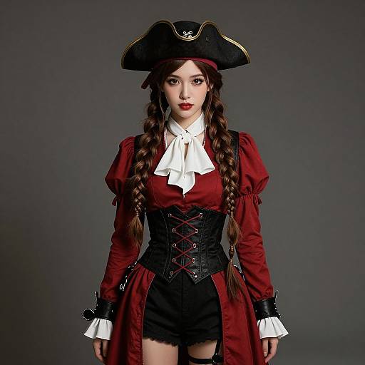 Photograph of a young woman in a Victorian pirate costume: red dress, black corset, white ruffled shirt, black shorts, black tricorn