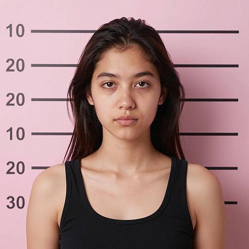 Young Woman Mugshot with Pink Background