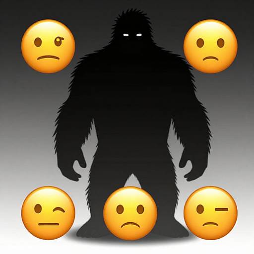 Digital illustration of a dark, shadowy, humanoid figure with glowing eyes, surrounded by five yellow emoticons displaying various sad expressions.