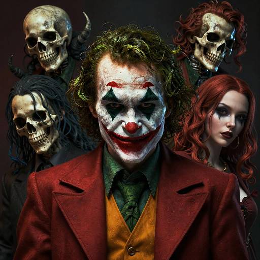 Digital art: Joker with white face paint, red nose, green hair, red blazer, surrounded by four grinning skulls and a red-haired woman