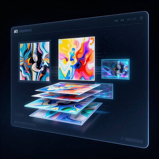 Digital art interface showing vibrant, abstract colorful paintings displayed on a glowing, futuristic tablet with floating screens and a dark background.