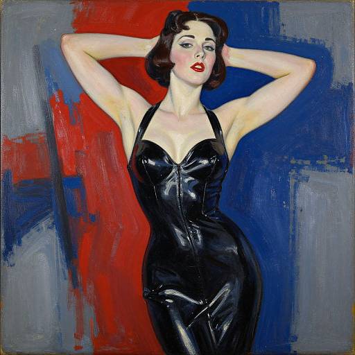 Stylized digital painting of a fair-skinned woman with red lipstick, brown bob, wearing a tight black latex dress, arms raised, against a