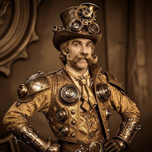 Photograph of a mustached man in ornate, steampunk-style armor with brass gears, standing confidently against a dark, ornate background.