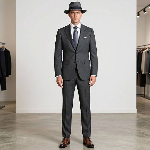 Photograph of a tall, slim man in a dark gray suit, white shirt, black tie, and black fedora, standing in a minimalist clothing