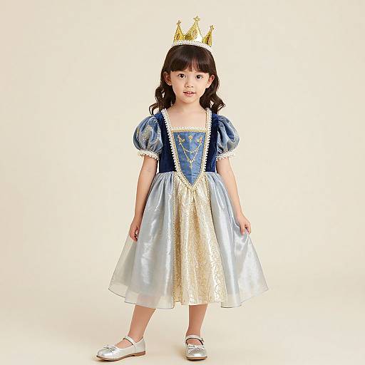Photograph of an Asian girl in a Disney-inspired blue and silver princess dress, white puffed sleeves, gold crown, and white shoes, standing against
